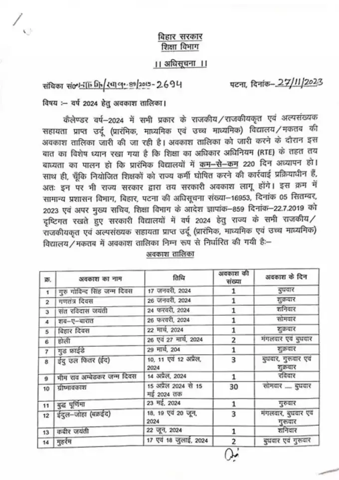 BIHAR SCHOOL CALENDAR