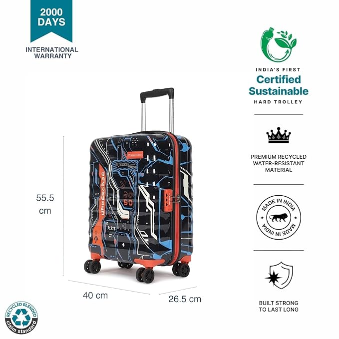 uppercase Cyber Punk (Small) 56cms | Cabin Trolley Bag for Travel | Polycarbonate Hardsided Printed Luggage |Combination Lock|8 Wheel Trolley Bag|Suitcase for Men and Women |2000 Days Warranty (Black)