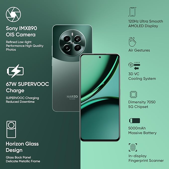 realme NARZO 70 Pro 5G (Glass Green, 8GB RAM,128GB Storage) Dimensity 7050 5G Chipset | Horizon Glass Design | Segment 1st Flagship Sony IMX890 OIS Camera