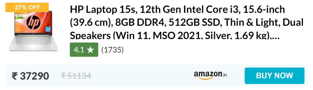 HP Laptop 15s, 12th Gen Intel Core i3, 15.6-inch (39.6 cm), 8GB DDR4, 512GB SSD, Thin & Light, Dual Speakers (Win 11, MSO 2021, Silver, 1.69 kg), fq5007TU / FQ5327TU